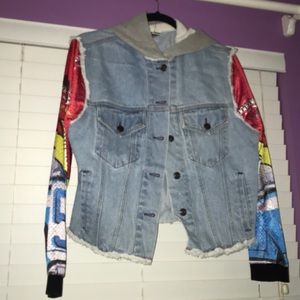 Denim Jacket with Hoodie and Jersey Sleeves